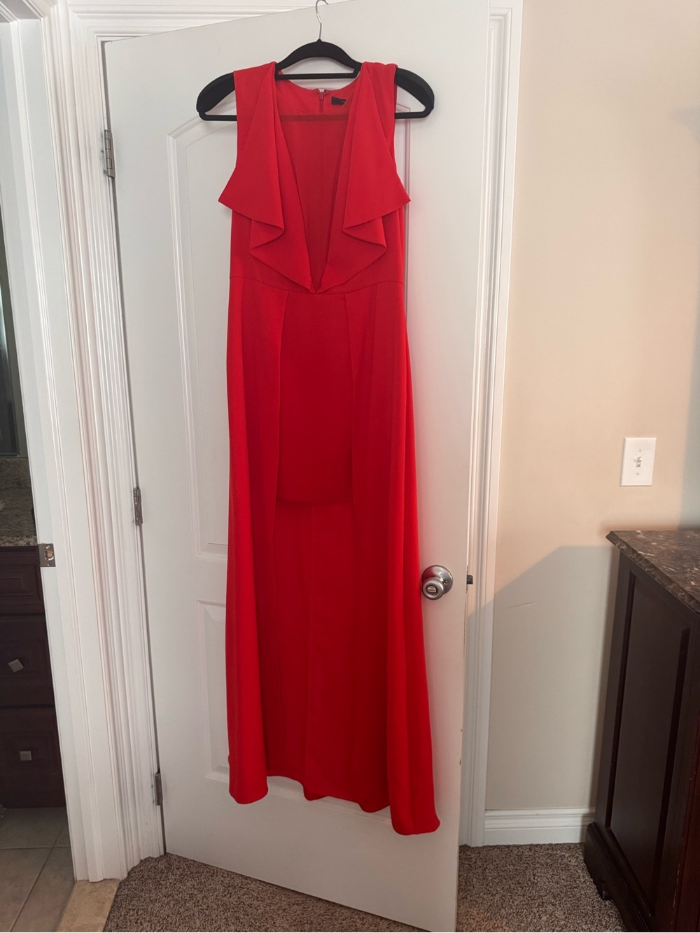 Red Sleeveless Maxi Dress with Draped V-Neck Bcbg